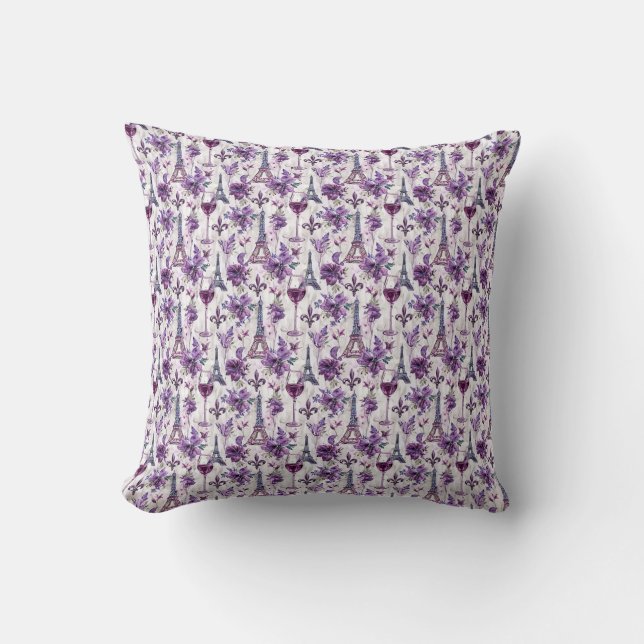 Parisian Charm Purple Eiffel Tower and Floral  Cushion (Front)