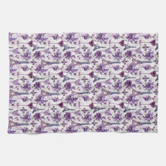 Parisian Charm Purple Eiffel Tower and Floral  Tea Towel
