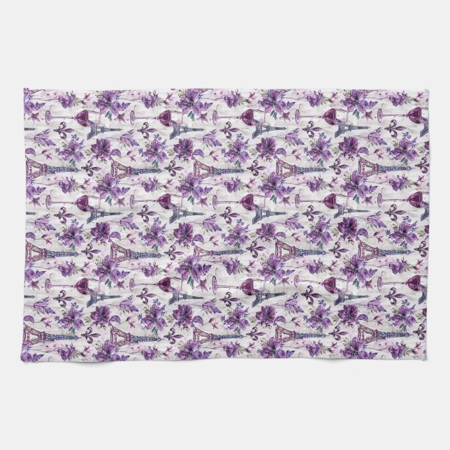 Parisian Charm Purple Eiffel Tower and Floral  Tea Towel (Horizontal)