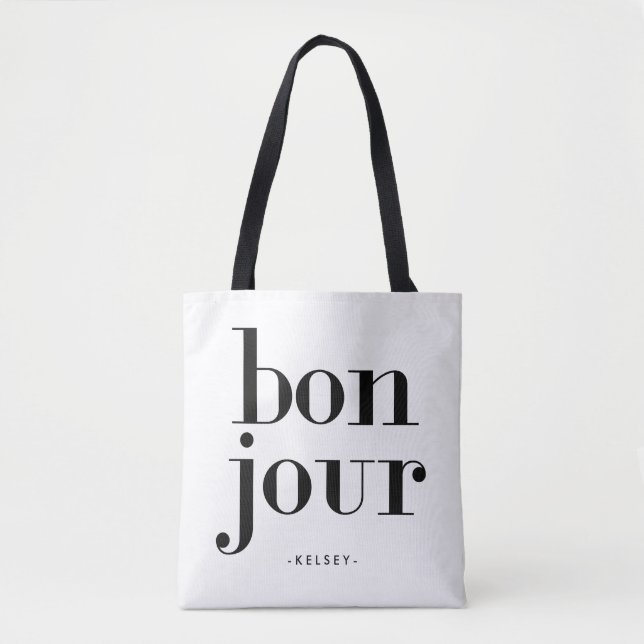 Parisian Chic Black and White Bonjour Tote Bag (Front)