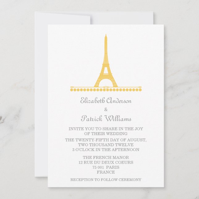 Parisian Chic Wedding Invite, Yellow Invitation (Front)