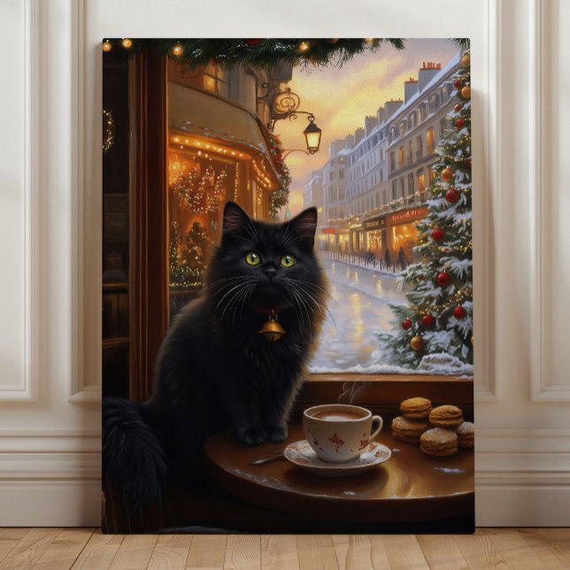 Parisian Christmas Cat – Whimsical Black Cat Café  Canvas Print (Parisian Christmas Cat – Whimsical Black Cat Café Art by Nicole Cossairt)