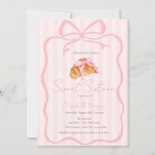 Parisian Croissant Pink Bow Pink Stripes Sweet 16 Invitation (Front)