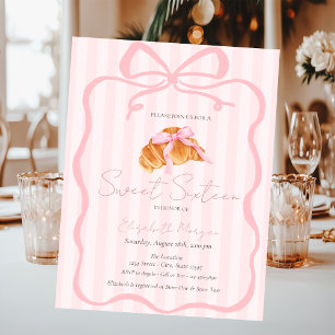 Parisian Croissant Pink Bow Pink Stripes Sweet 16 Invitation