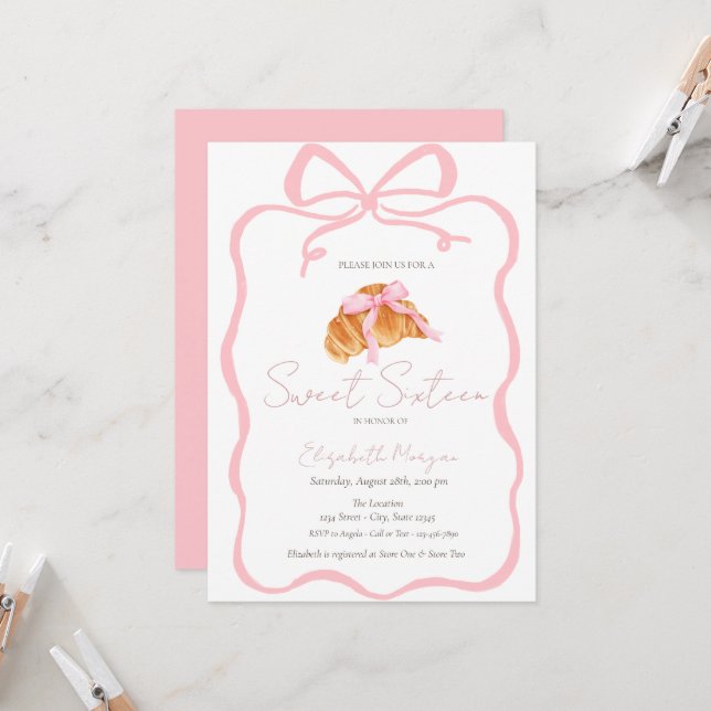 Parisian Croissant Pink Bow Sweet 16 Invitation (Front/Back In Situ)