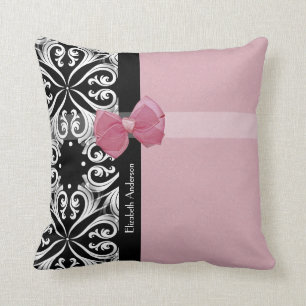 Parisian Damask Pink and Black Chic Bow With Name Cushion