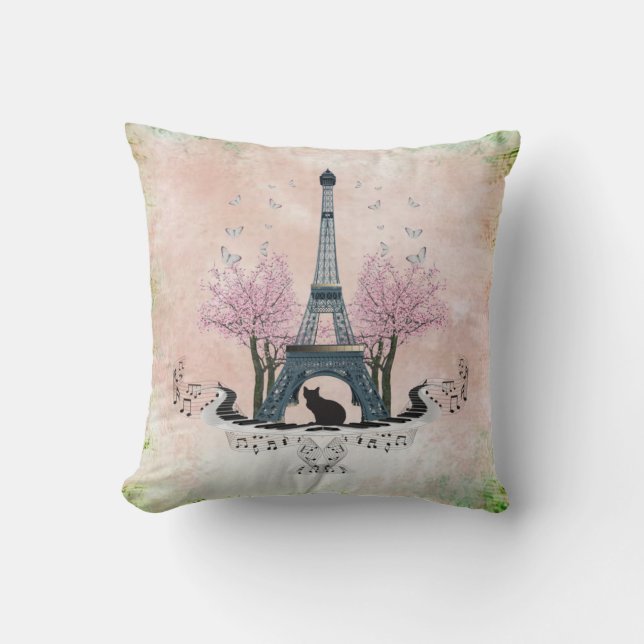 Parisian Eiffel Tower Cat And Cherry Blossoms Cushion (Front)