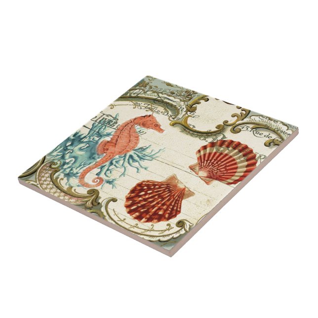 Parisian french modern vintage seashell seahorse tile (Side)