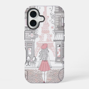 Parisian Girl – Cute Eiffel Tower & Café Street iPhone 16 Case