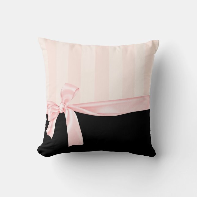 Parisian Girly Pink Stripes & Light Pink Bow Cushion (Front)