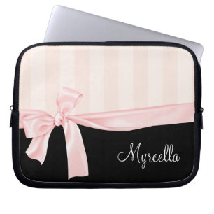 Parisian Girly Pink Stripes & Light Pink Bow Laptop Sleeve