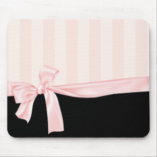 Parisian Girly Pink Stripes & Light Pink Bow Mouse Mat