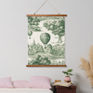 Parisian Green Toile Village Balloon Pattern Hanging Tapestry