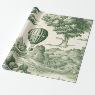 Parisian Green Toile Village Balloon Pattern Wrapping Paper