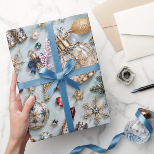 Parisian Icy Blue Christmas Jewels Wrapping Paper