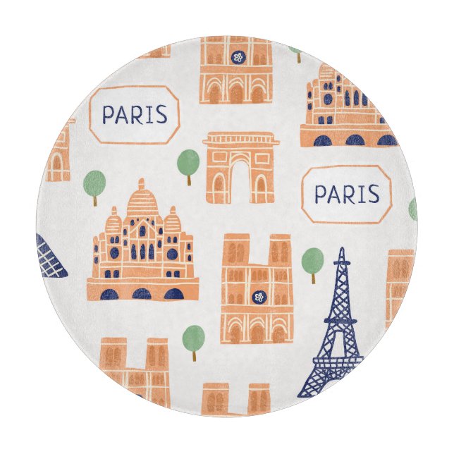 Parisian Landmarks Vintage Seamless Illustration Cutting Board (Front)