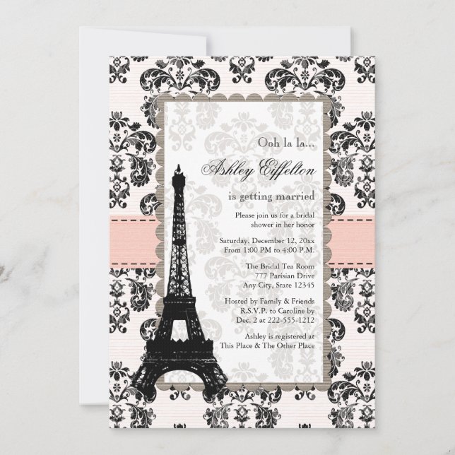 Parisian Pink Black Bridal Shower Invitations (Front)