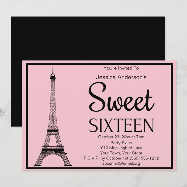 Parisian Pink Black Eiffel Tower Sweet Sixteen Invitation (Front/Back)