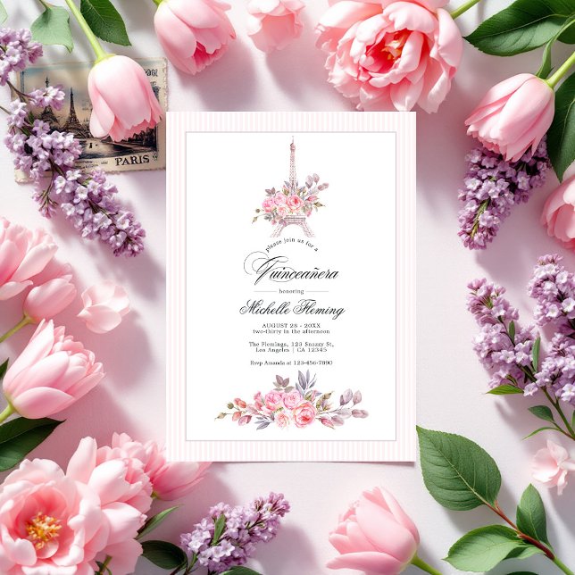 Parisian Pink Floral Quinceañera Photo Invitation (Parisian Pink Floral Quinceañera Photo Invitation)