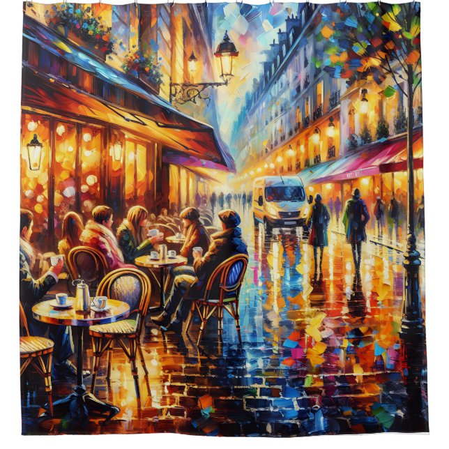 “Parisian Rainy Evening Outdoor Cafe Art” Shower Curtain (Front)