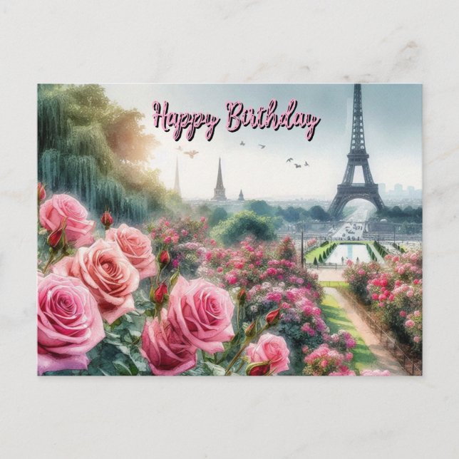 Parisian Rose Garden Happy Birthday Postcard (Front)