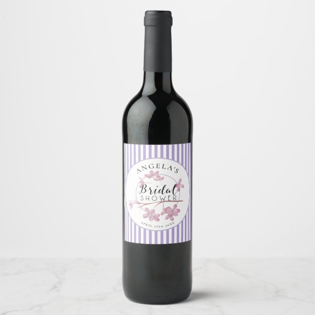 Parisian Spring Lilac Stripes Bridal Shower  Wine Label (Front)