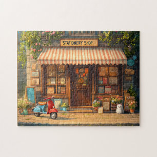Parisian Stationery Shop Cosy Street Scene w/ Cat Jigsaw Puzzle