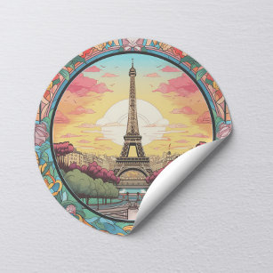 Parisian Sunset Eifel Tower Paris French Floral Classic Round Sticker