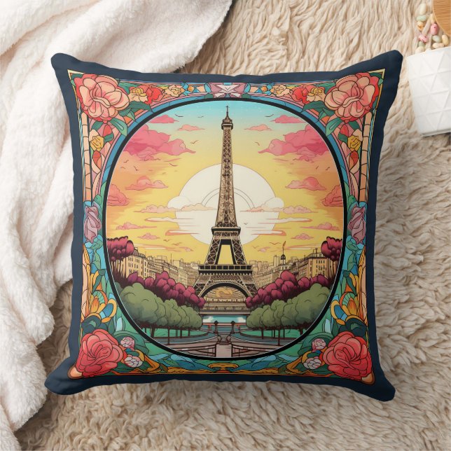 Parisian Sunset Eifel Tower Paris French Floral Cushion (Blanket)