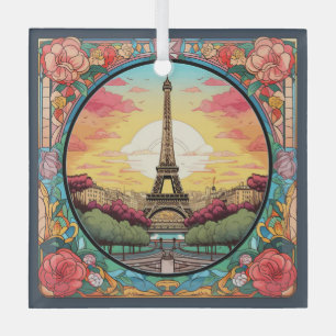 Parisian Sunset Eifel Tower Paris French Floral Glass Tree Decoration