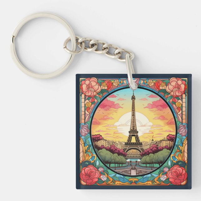 Parisian Sunset Eifel Tower Paris French Floral Key Ring (Front)