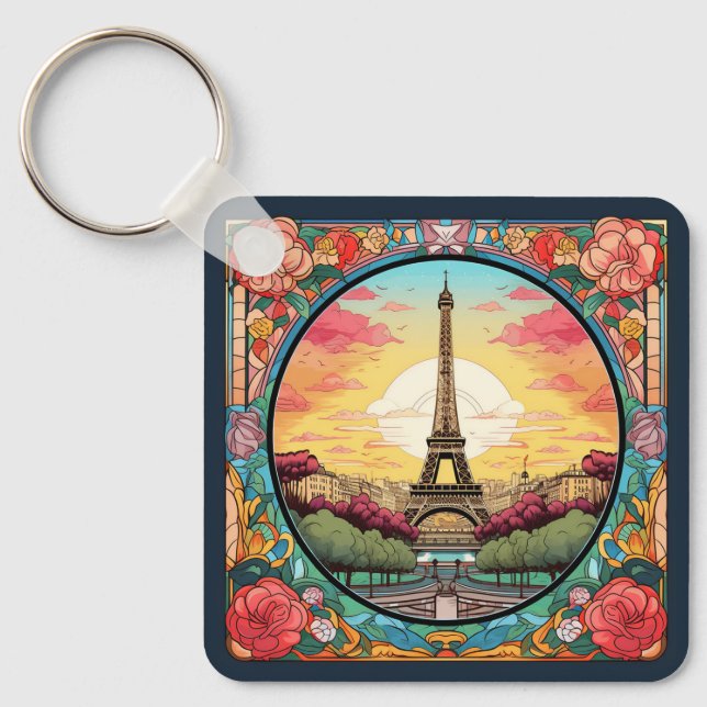 Parisian Sunset Eifel Tower Paris French Floral Key Ring (Front)