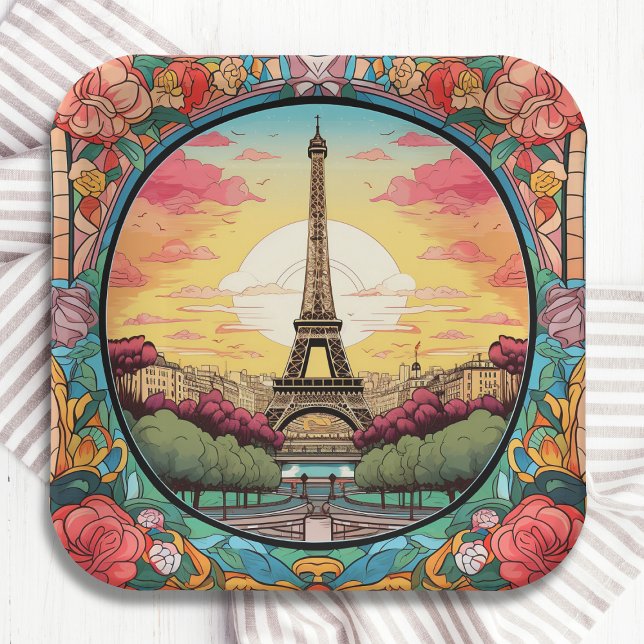 Parisian Sunset Eifel Tower Paris French Floral Paper Plate (Creator Uploaded)