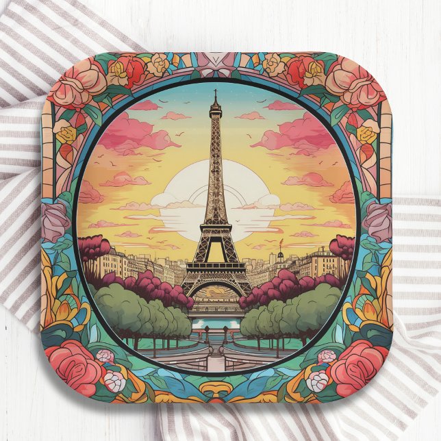 Parisian Sunset Eifel Tower Paris French Floral Paper Plate (Creator Uploaded)