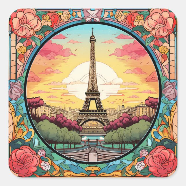 Parisian Sunset Eifel Tower Paris French Floral Square Sticker (Front)