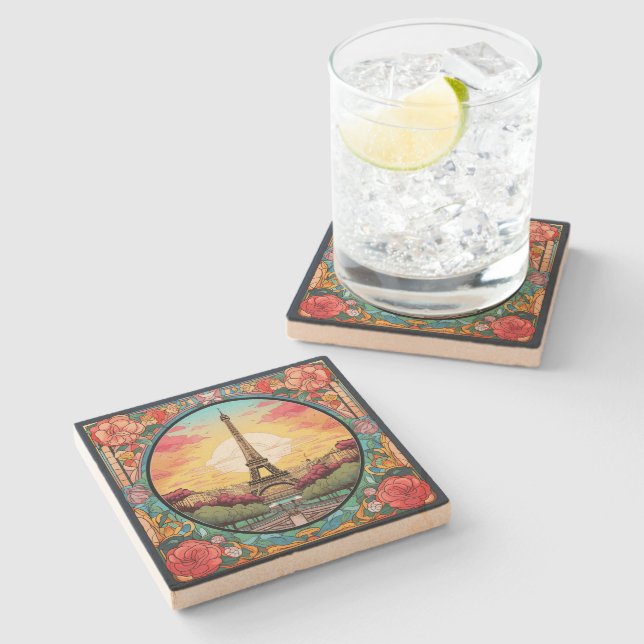 Parisian Sunset Eifel Tower Paris French Floral Stone Coaster (Side)