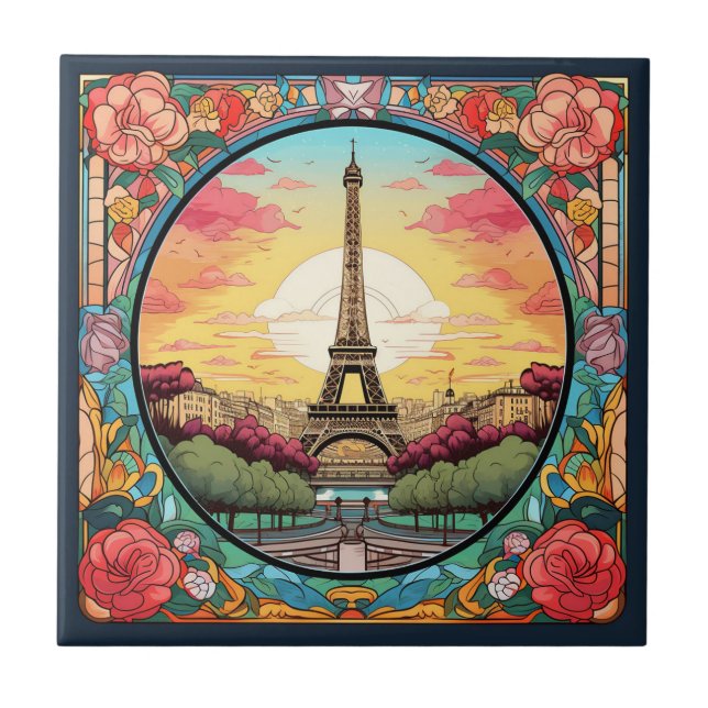 Parisian Sunset Eifel Tower Paris French Floral Tile (Front)