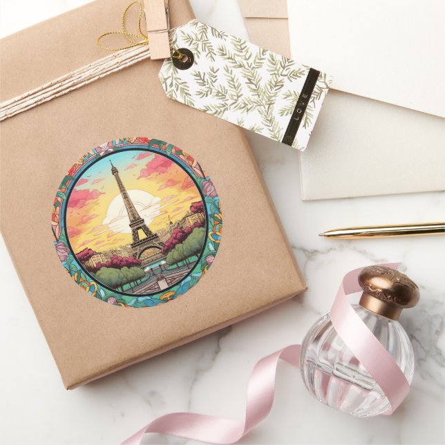 Parisian Sunset Eiffel Tower Paris French Floral Classic Round Sticker (Gifting)