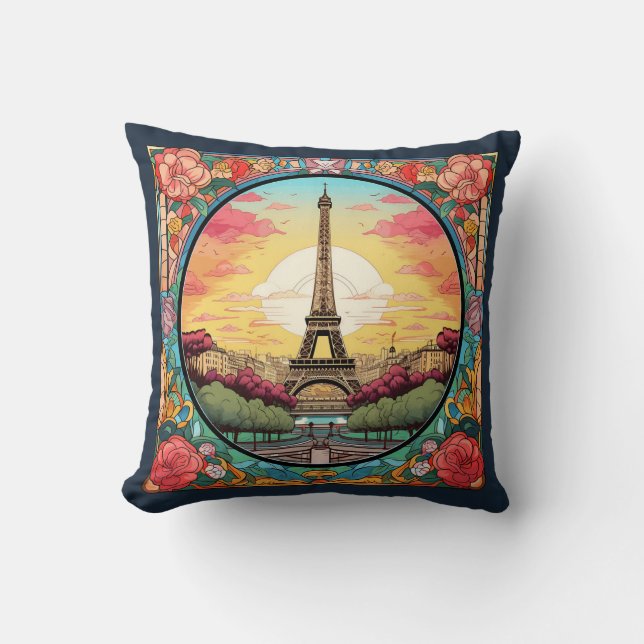 Parisian Sunset Eiffel Tower Paris French Floral Cushion (Front)
