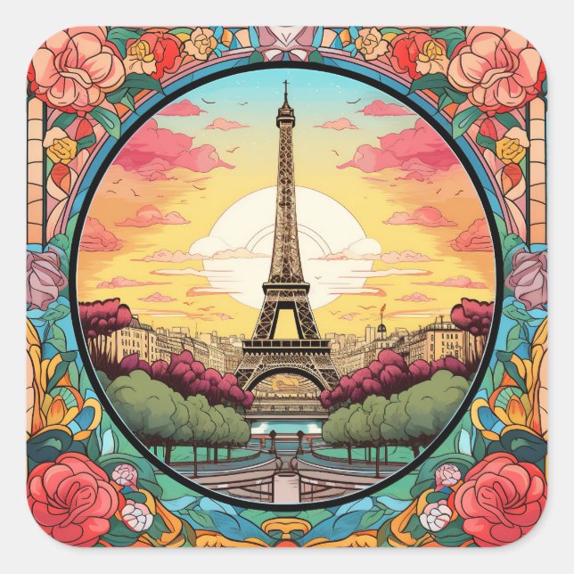 Parisian Sunset Eiffel Tower Paris French Floral Square Sticker (Front)