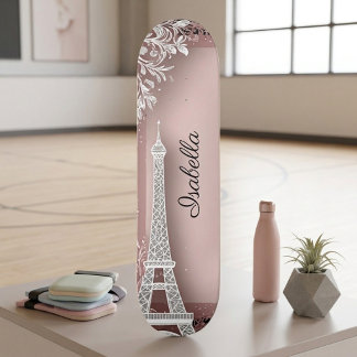 Parisian Vintage Blush Pink Glitter Eiffel Tower Skateboard