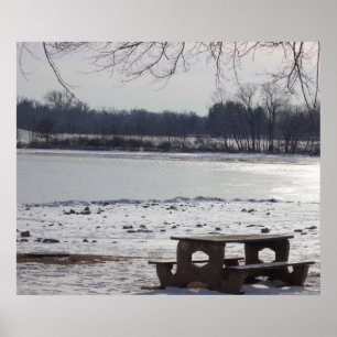 Park Bench with Frozen Creek Poster