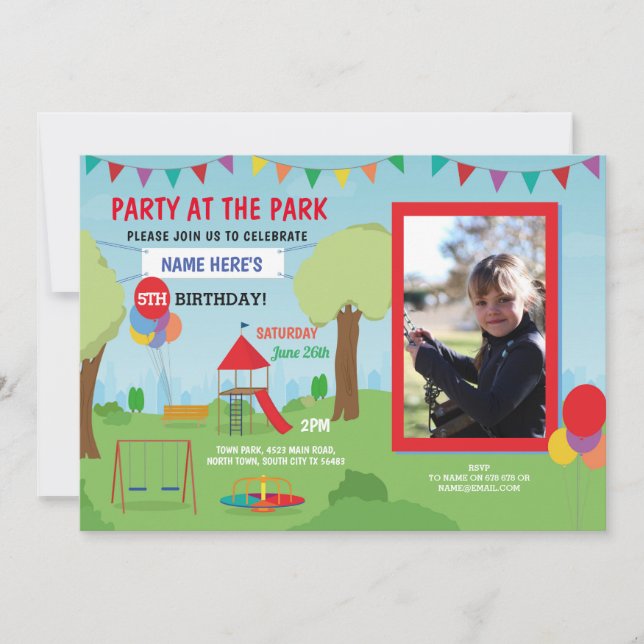 Park Birthday Party Slide Swings Outdoor Photo Invitation (Front)