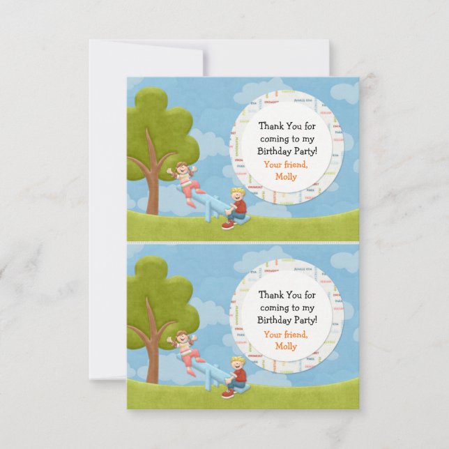 Park Birthday Party Thank You Favour Card (Front)