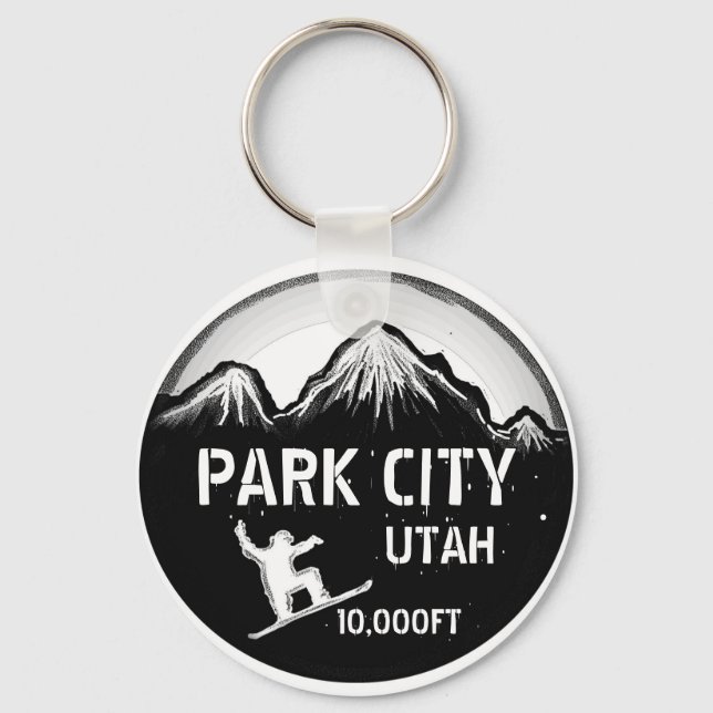 Park City Utah black white snowboard art keychain (Front)