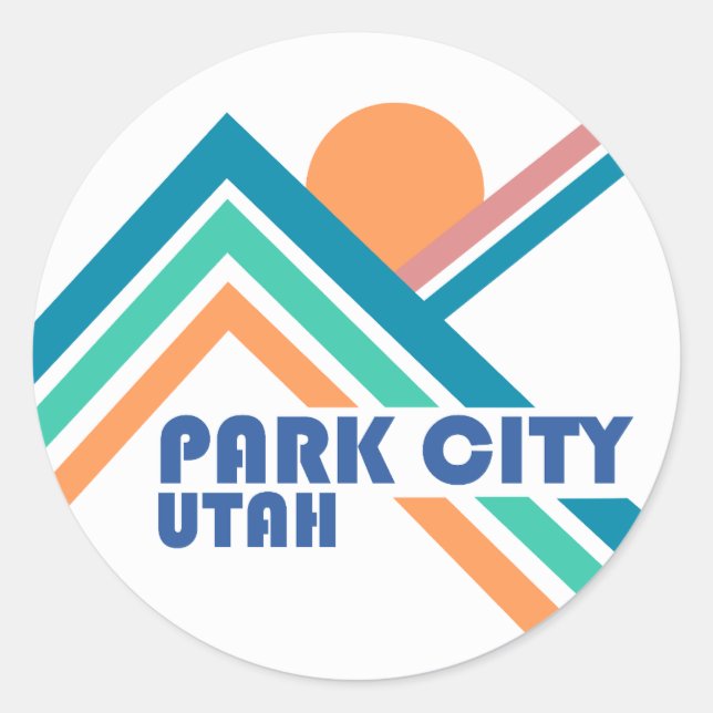 Park City, Utah Retro Line Mountains Blue Border Classic Round Sticker (Front)