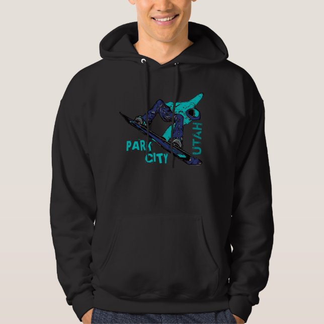 Park City Utah teal snowboarder guys hoodie (Front)