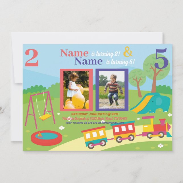 Park Kids Birthday Girls Boys Any Age Joint Photo  Invitation (Front)