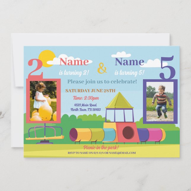Park Kids Birthday Girls Boys Any Age Joint Photo  Invitation (Front)