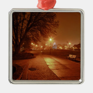 Park on a foggy night decorated for Christmas Metal Tree Decoration